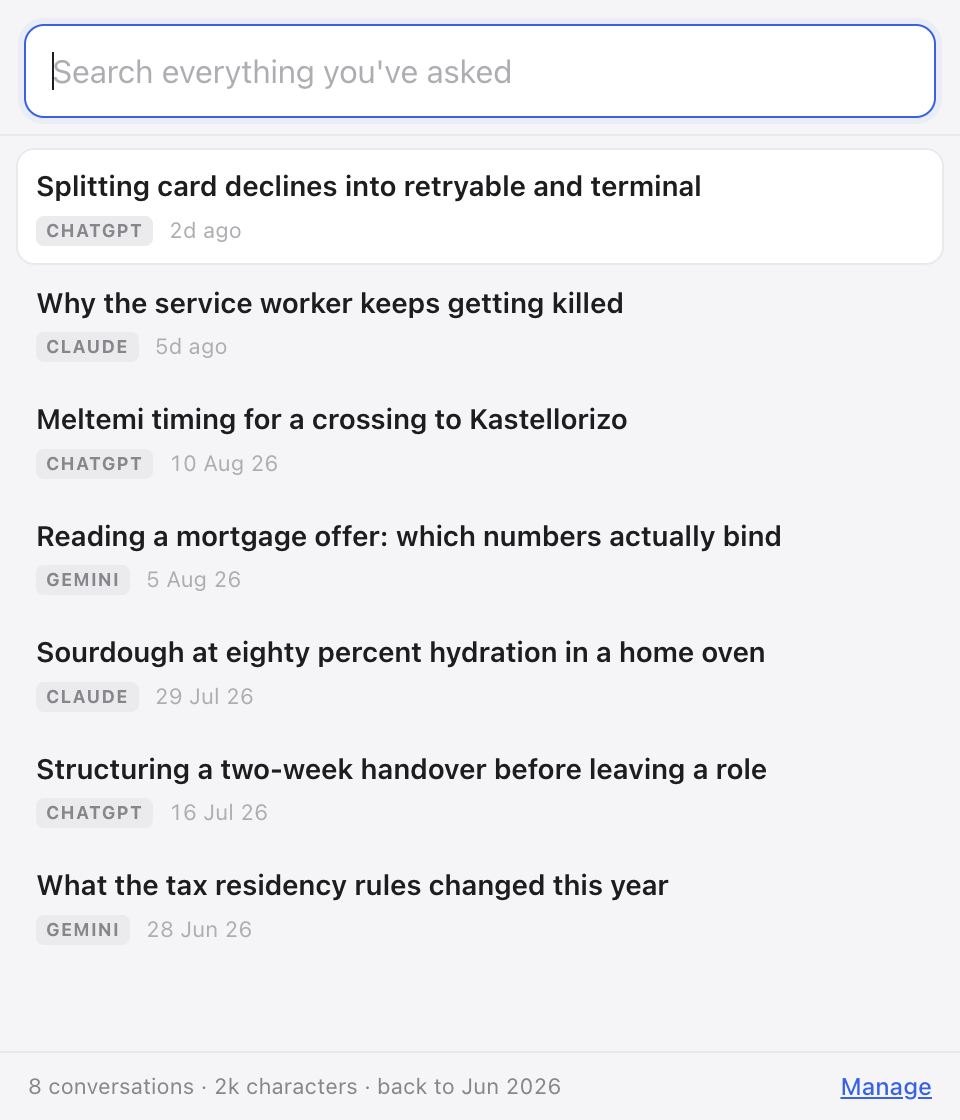 The popup with no search term, listing recent conversations across the three assistants.