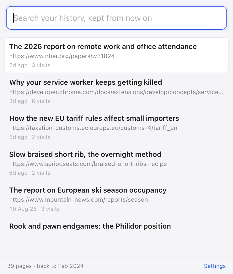 The popup with no search term, listing the most recently visited pages.