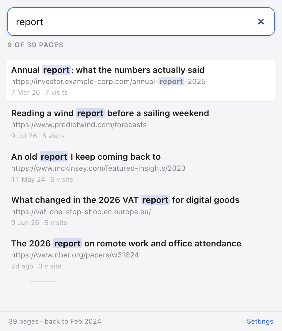 The popup showing a search for the word report: nine of thirty-nine pages match, each result highlighting the word where it was found.