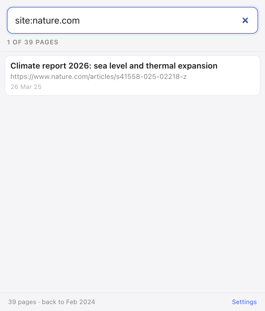 The popup with a site filter typed into the search box: one of thirty-nine pages is from nature.com.